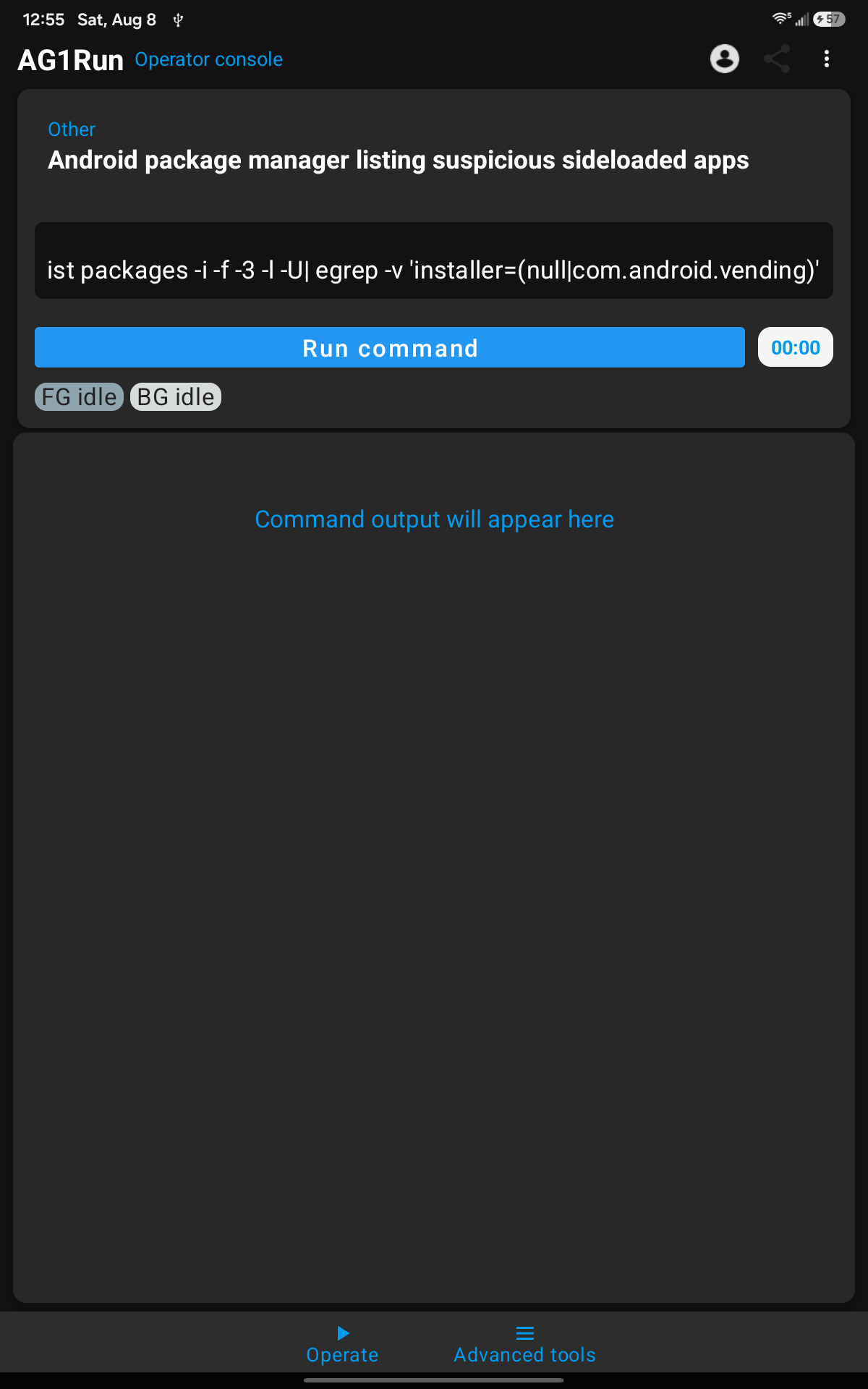 A1Run Android operator console prepared to inspect sideloaded application packages