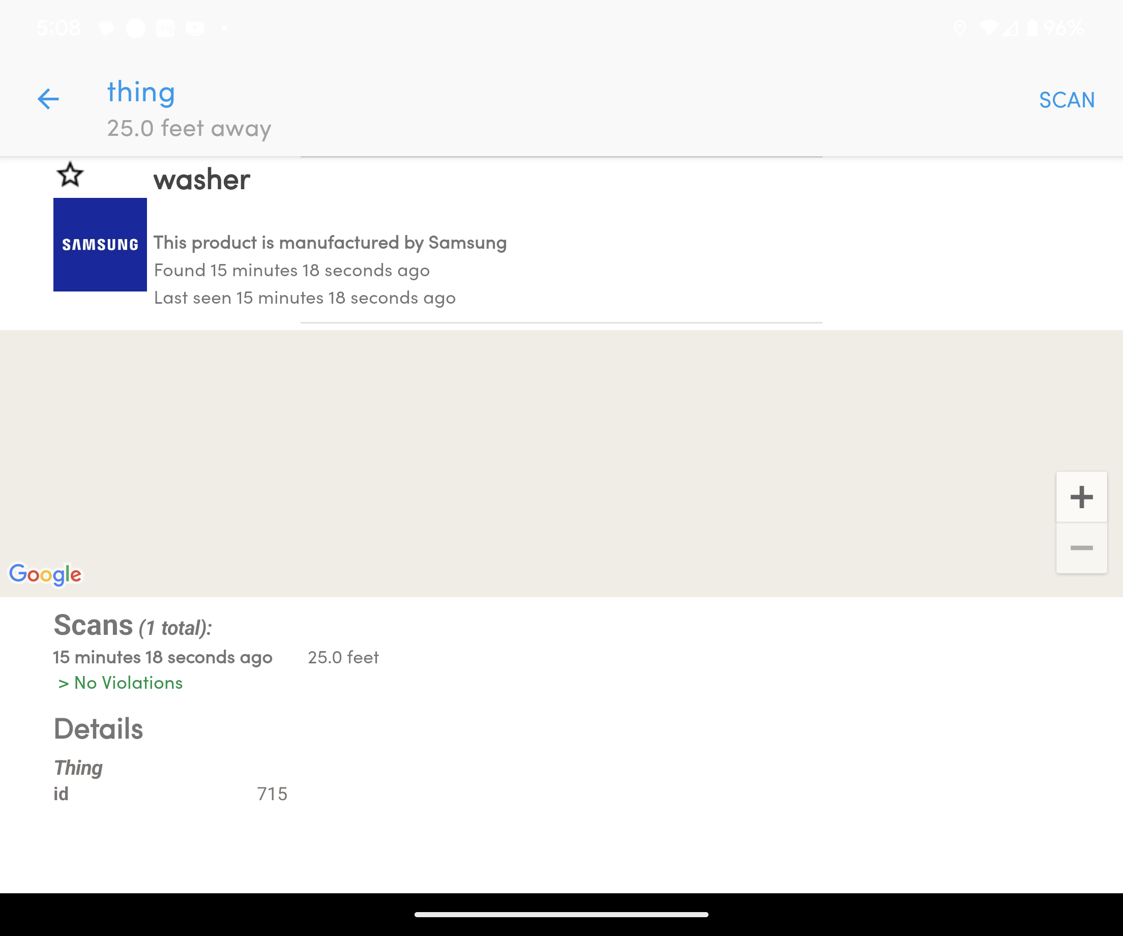 A1Scan Android interface showing a nearby device, scan history and device details