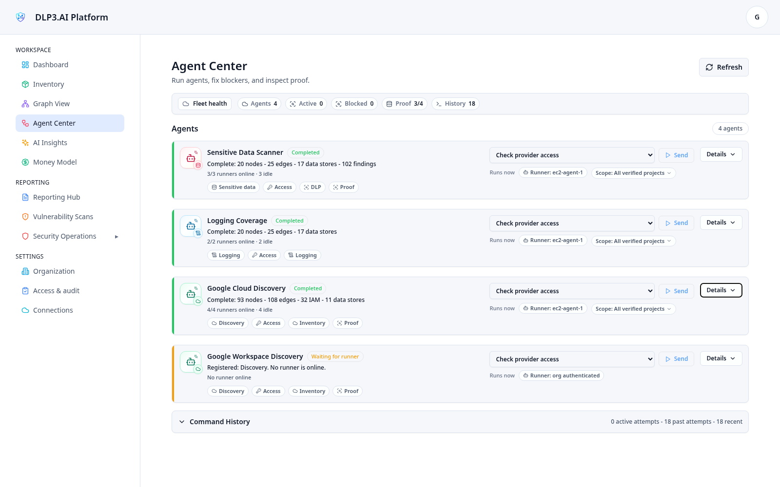 DLP3 Agent Center interface showing completed discovery, logging and sensitive-data workflows with proof history